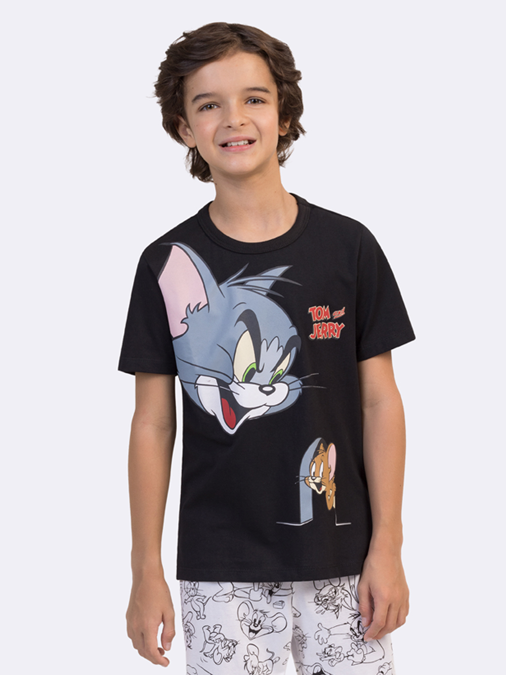 Pijama Manga Curta Infantil Masculino com Calça Tom e Jerry Outline
