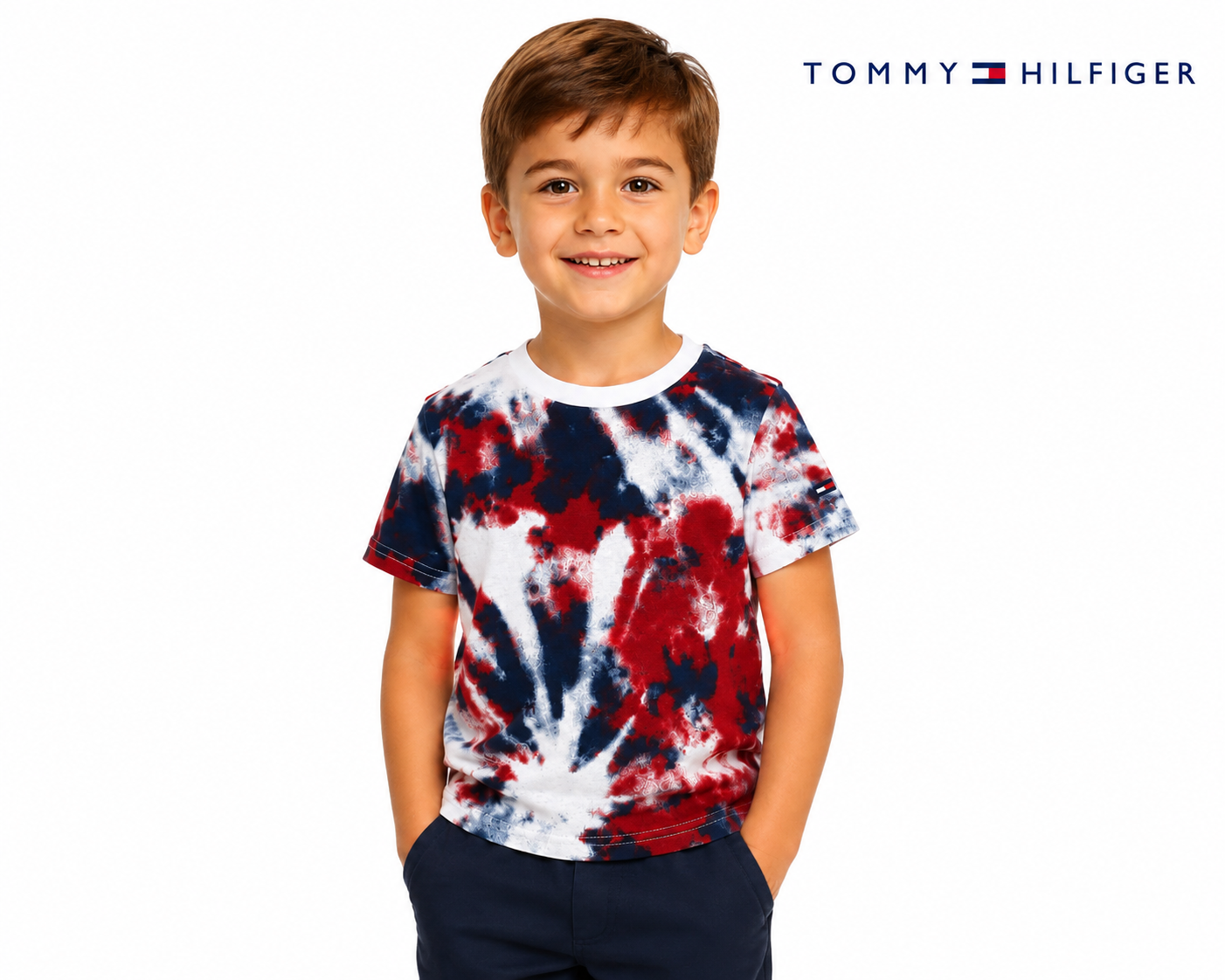 Camiseta Infantil Tommy Hilfiger Tie-Dye Azul, Vermelha e Branca