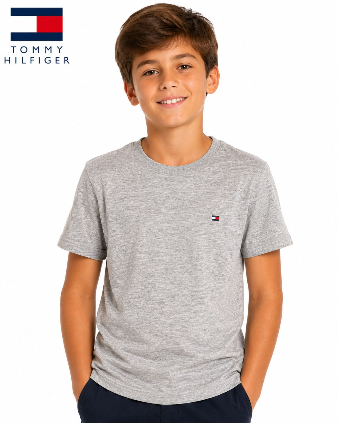 Camiseta Infantil Tommy Hilfiger Cinza Mescla Manga Curta