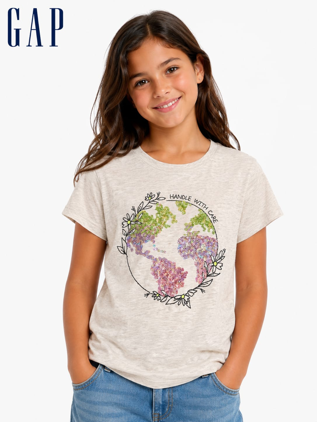 Baby Look Infantil GAP com Estampa de Planeta em Lantejoulas