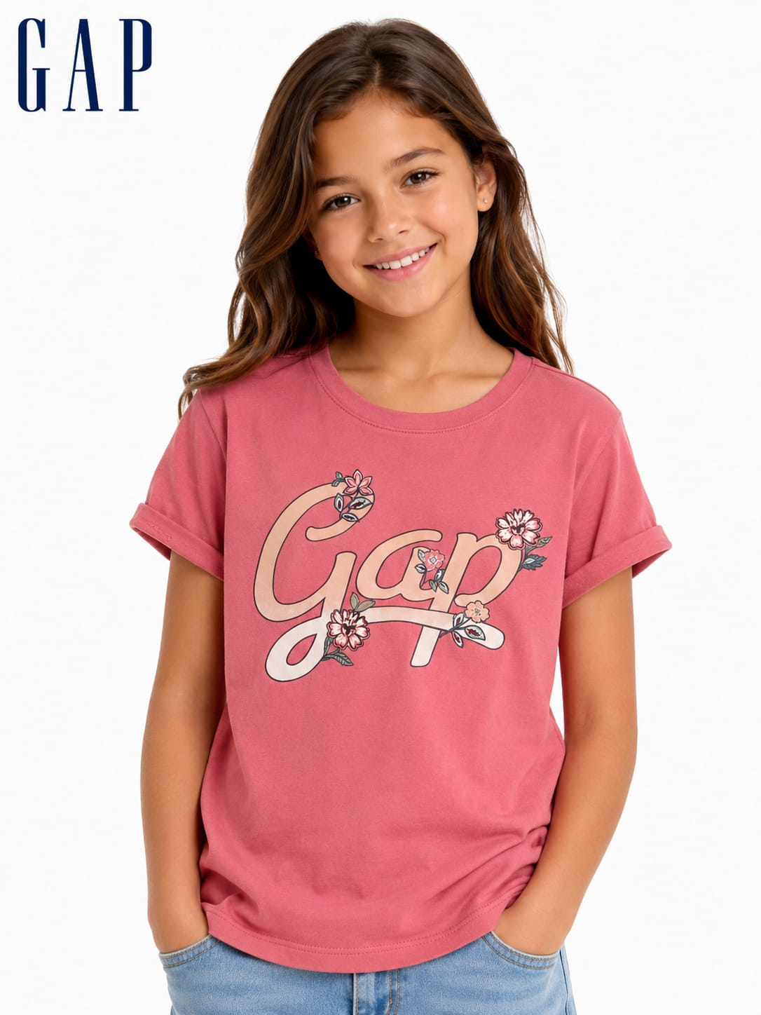 Baby Look Infantil GAP cor Salmão com Estampa Floral