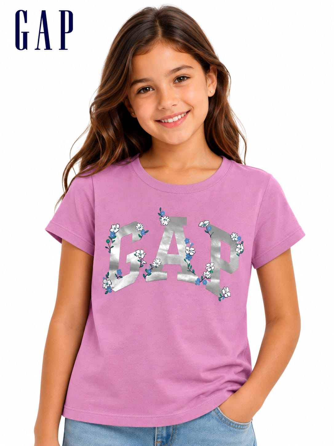 Camiseta Infantil GAP Rosa Logo Metalizado Floral
