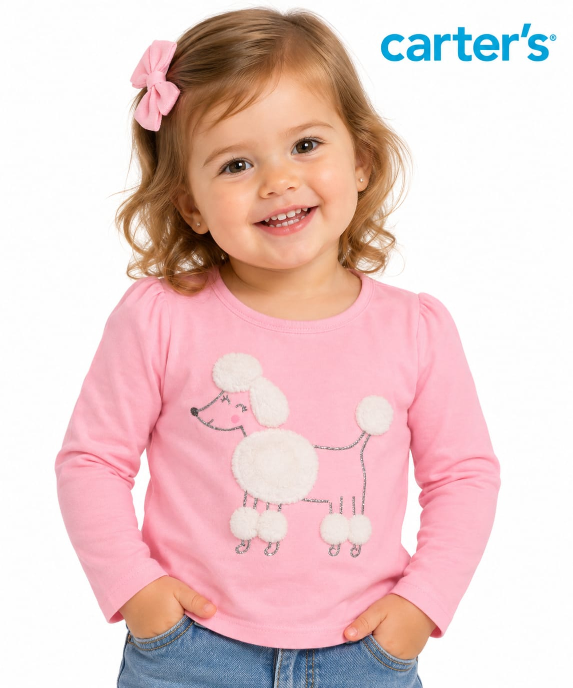 Camiseta Manga Longa Carter’s Rosa com Aplique de Cachorrinho