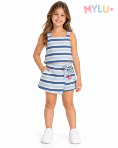 Conjunto Mylu Listrado Azul com Short-Saia