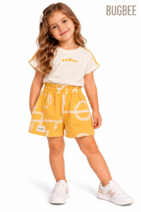 Conjunto Infantil Feminino Bugbee – Blusa e Shorts Estampado Amarelo