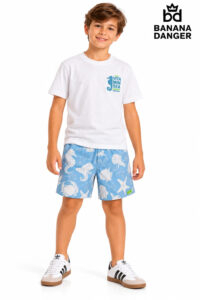 Conjunto Infantil Banana Danger – Camiseta Branca e Bermuda Estampada Fundo do Mar