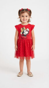 Vestido Infantil Minnie Vermelho com Tule e Poá Dourado